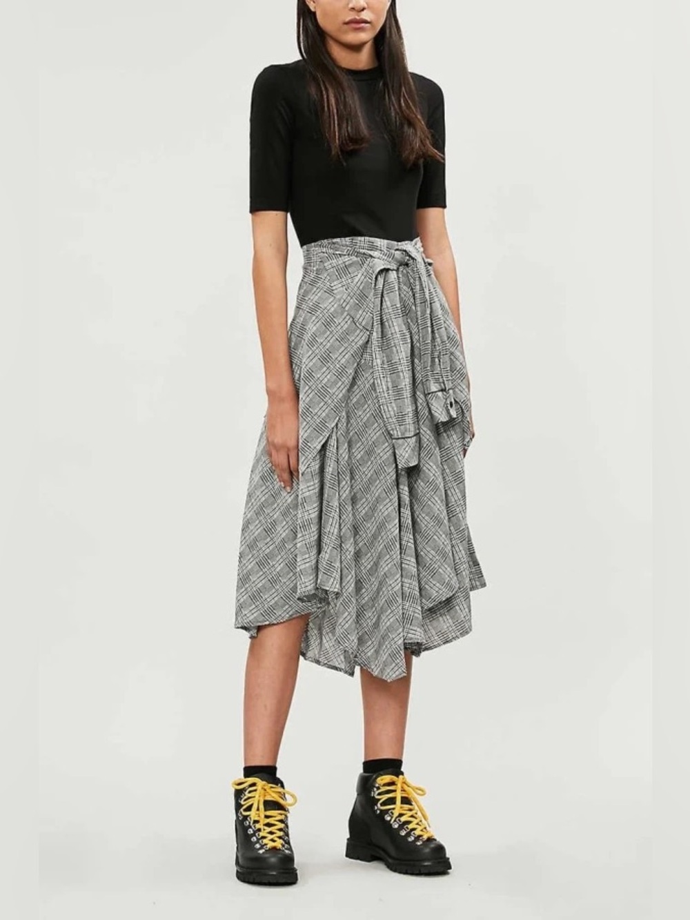Maje Rapri Color-Blocked Geo Print Midi Dress Plaid Tie-Waist Size Black 3 (US L